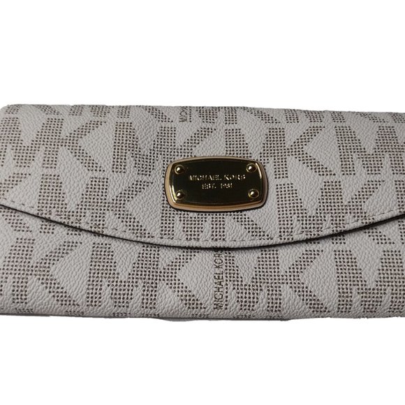 Michael Kors Jet Set Slim Flap Wallet Vanilla Monogram Leather Clutch Purse - Picture 3 of 11